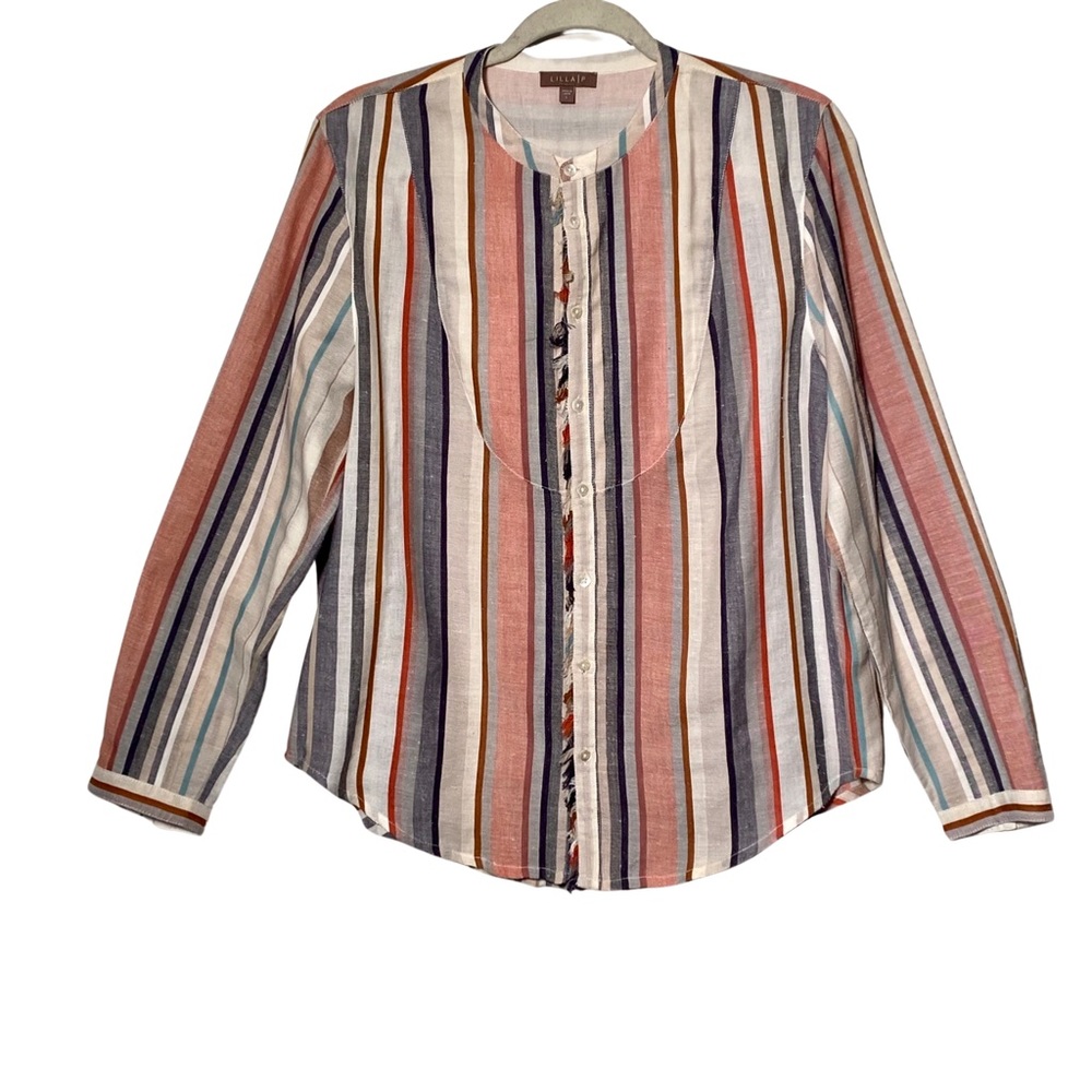 Lilla P Striped Ruffle Tuxedo Blouse Gauze Button Top Large